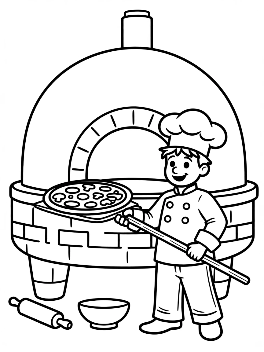 A traditional Italian pizza oven with a cheerful chef.