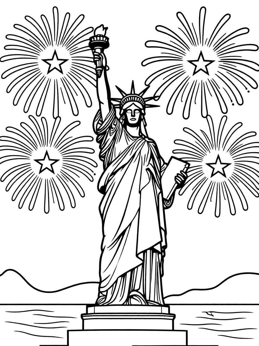 The Statue of Liberty in New York City with fireworks exploding overhead.