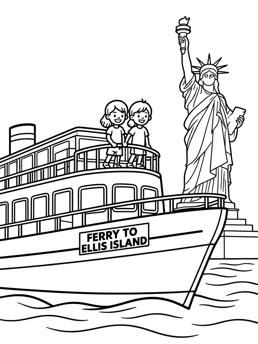 Kids riding a ferry to Ellis Island in New York City.