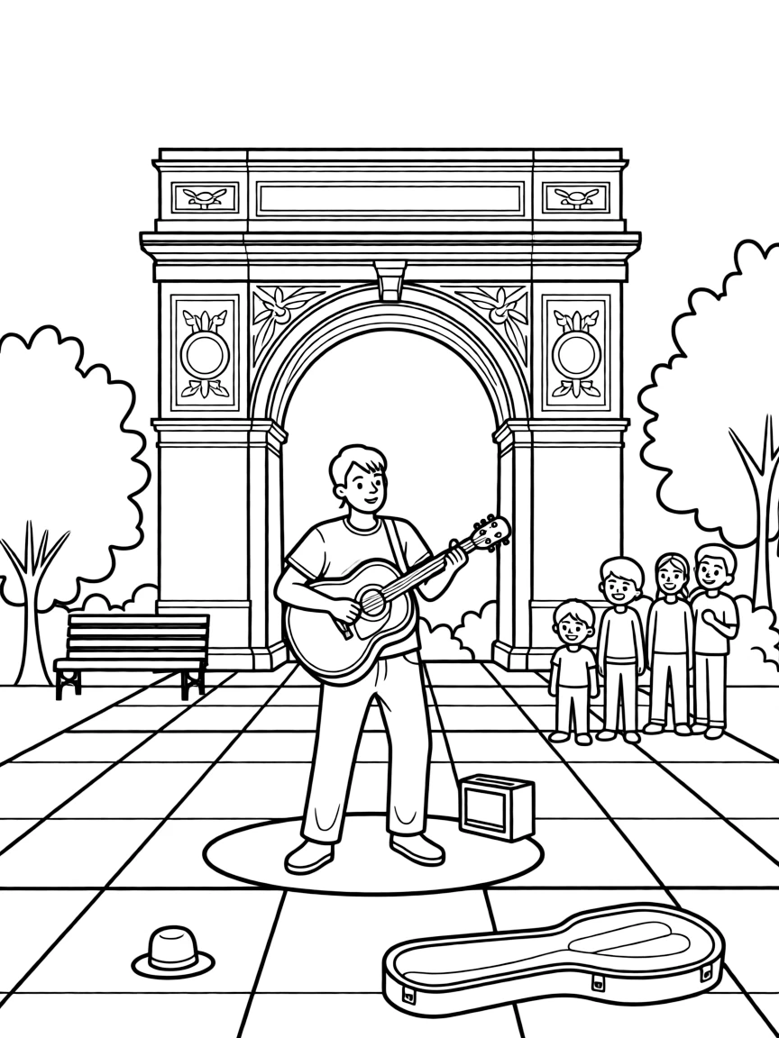 A lively street performer in Washington Square Park, New York City.