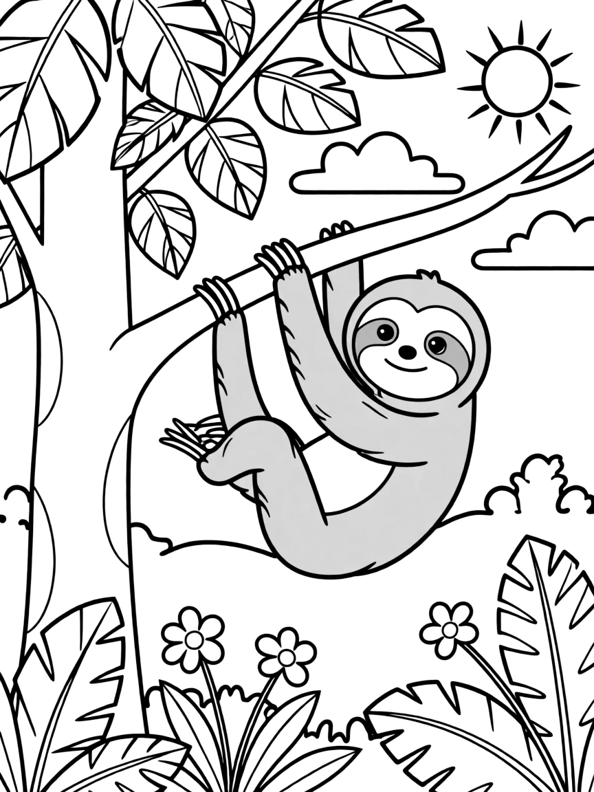 A friendly sloth hanging from a tree in a Brazilian rainforest.