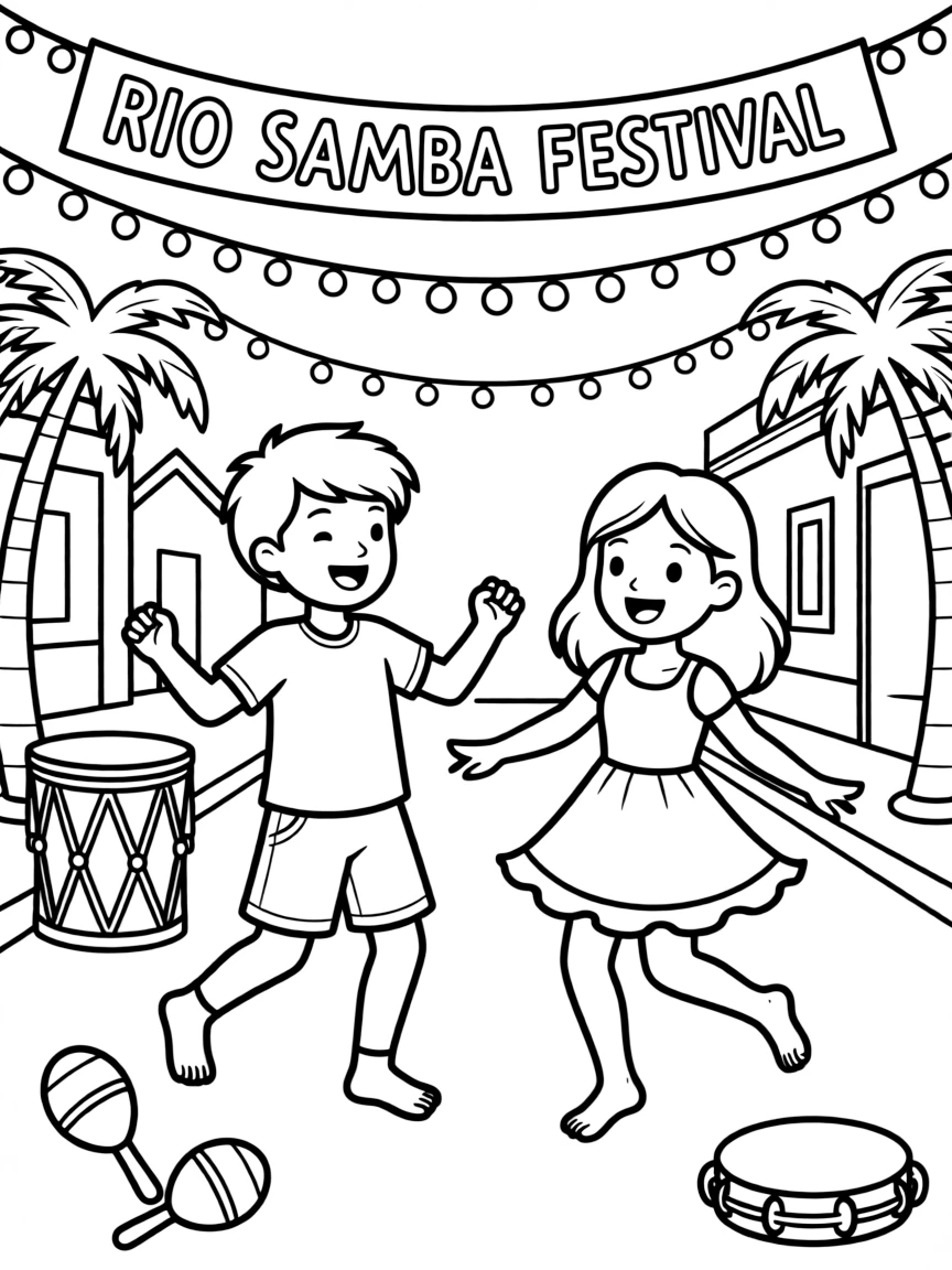 A vibrant street party in Rio with samba music and dancing.
