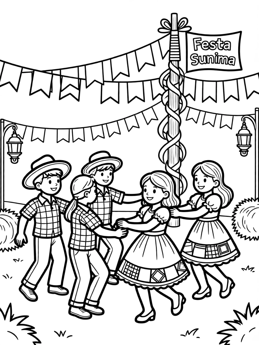 A festive Junina festival in Brazil with colorful flags and square dancing.