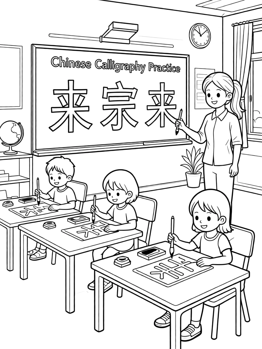 Kids learning calligraphy in a Chinese classroom.