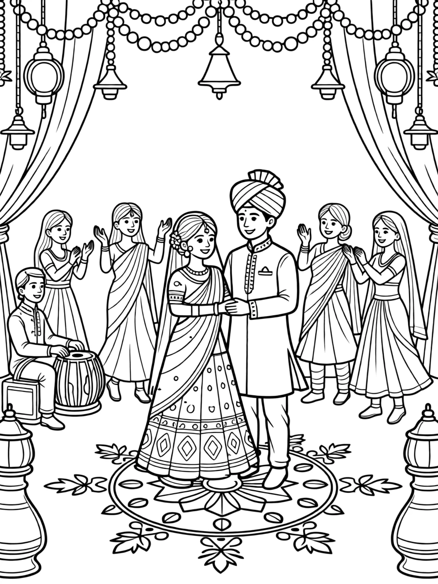 A festive wedding celebration in India with music and dancing.