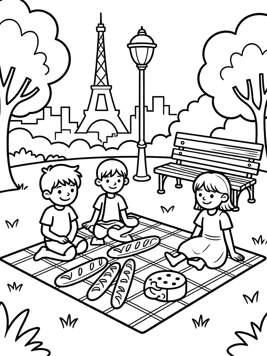 Kids having a picnic with baguettes and cheese in a Parisian park.