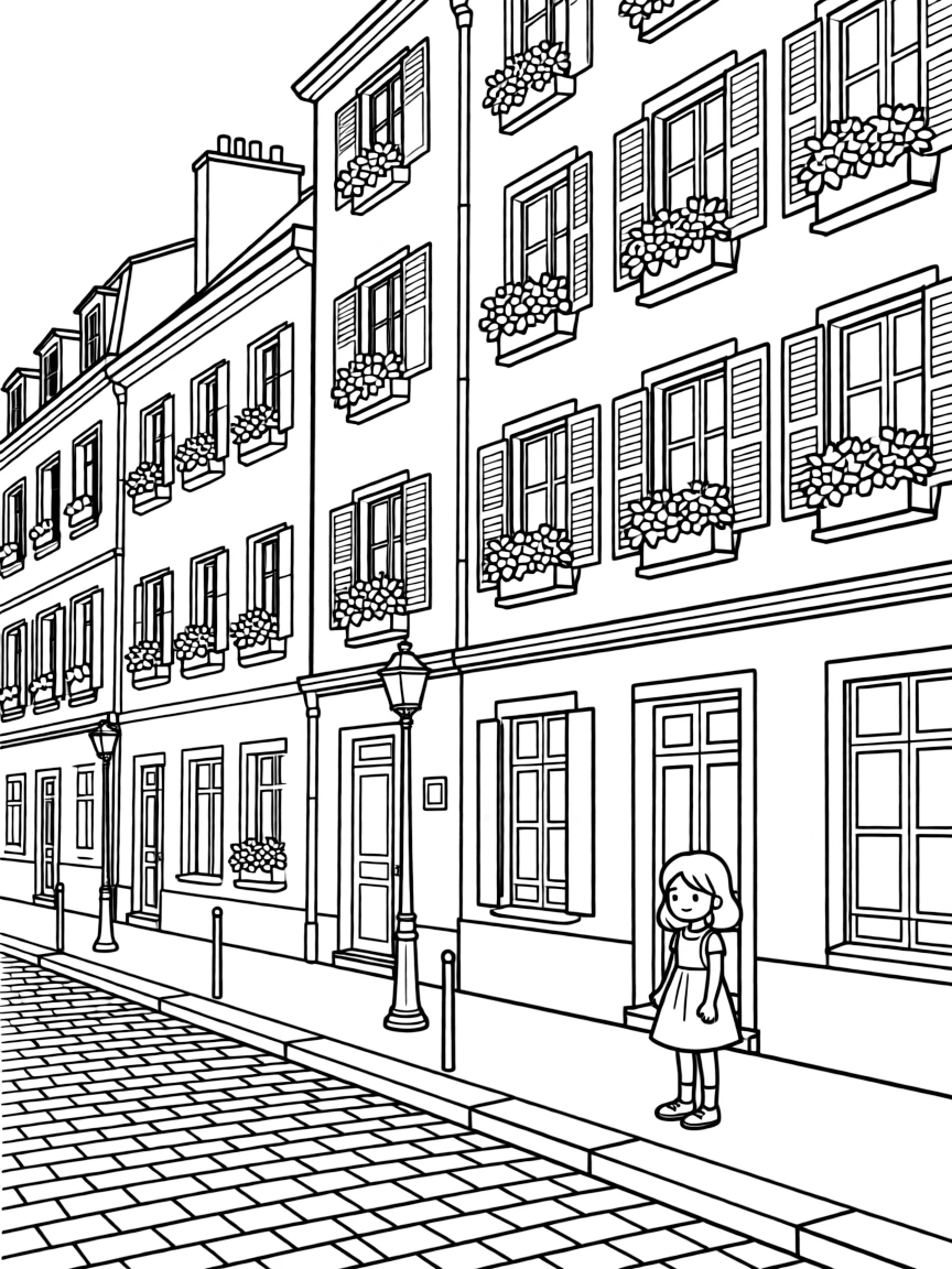 A charming street in Paris with flower boxes on every window.