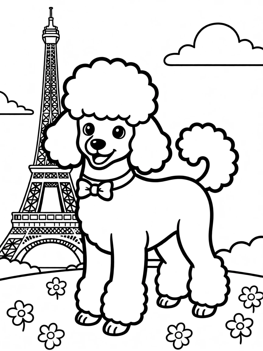 A friendly poodle dog in Paris with a fancy haircut.