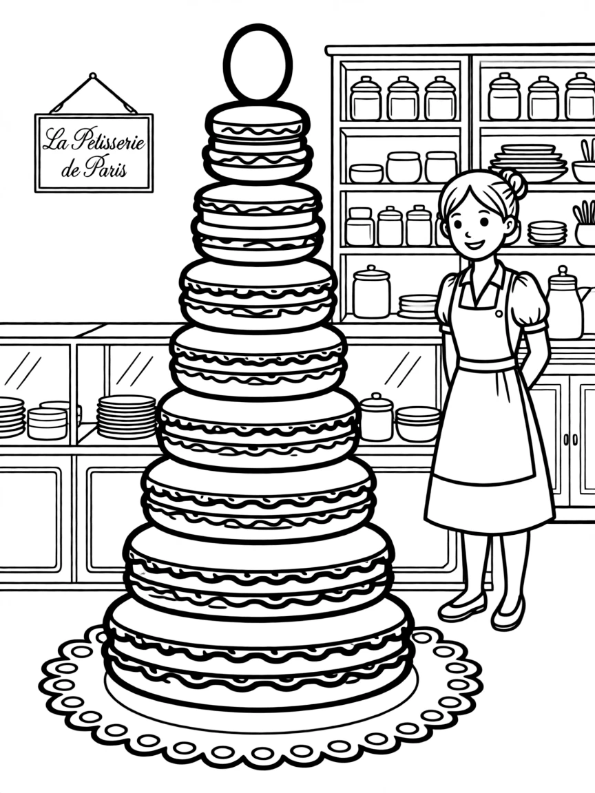 A delicious macaron tower being displayed in a Parisian patisserie.
