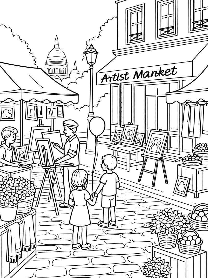 A vibrant artist's market in Montmartre, Paris.