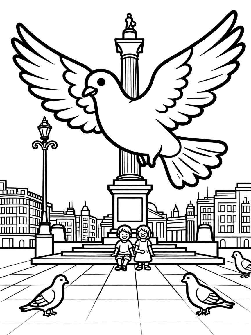 A friendly pigeon fluttering around Trafalgar Square, London.