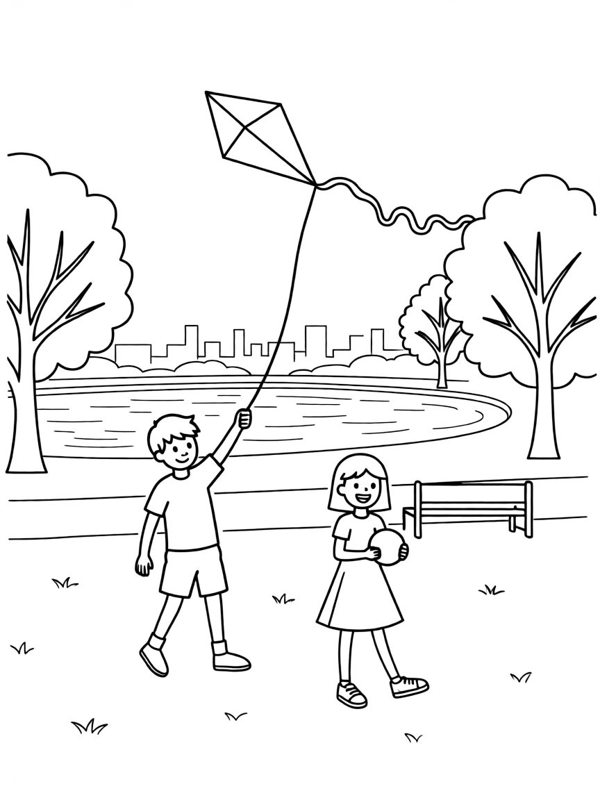 Kids playing in Hyde Park, London, with a view of the Serpentine.
