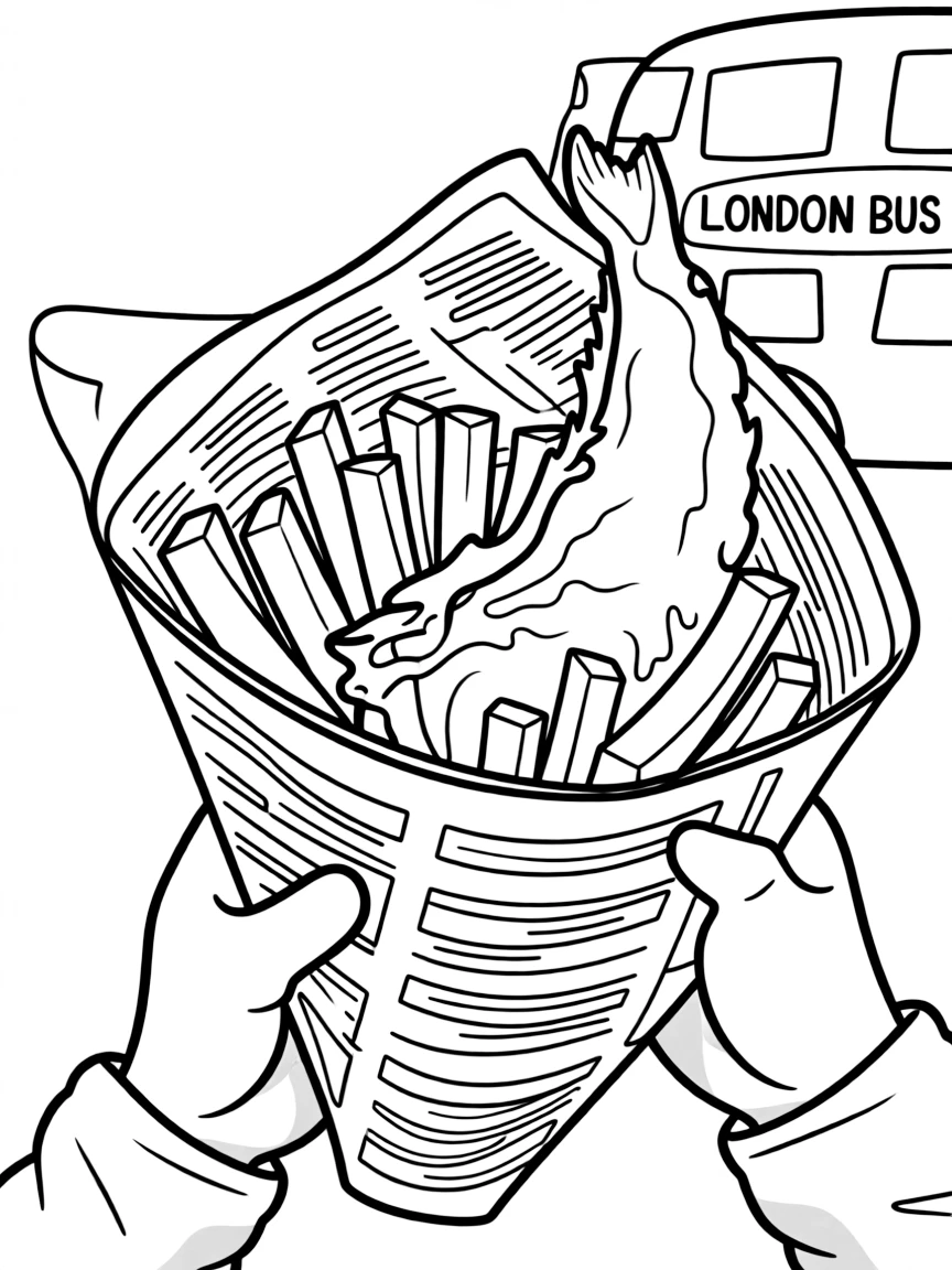 A delicious fish and chips wrapped in newspaper in London.