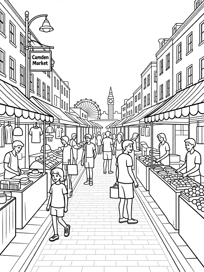 A vibrant Camden Market in London with unique stalls.