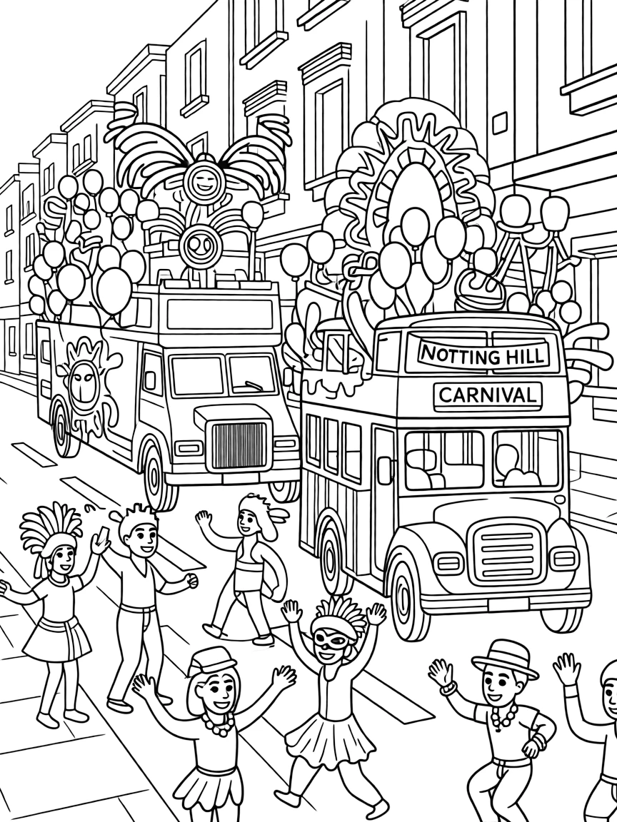 A festive Notting Hill Carnival in London with colorful floats.