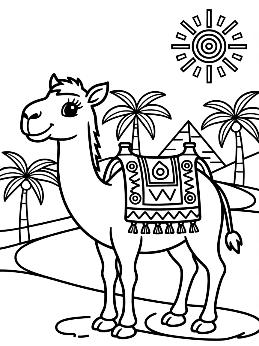 A friendly camel with a colorful saddle in the Egyptian desert.