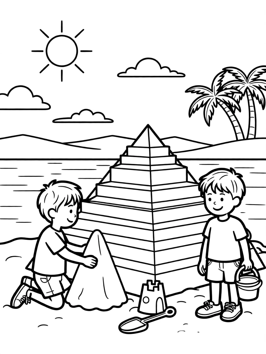 Kids building a pyramid out of sand in Egypt.