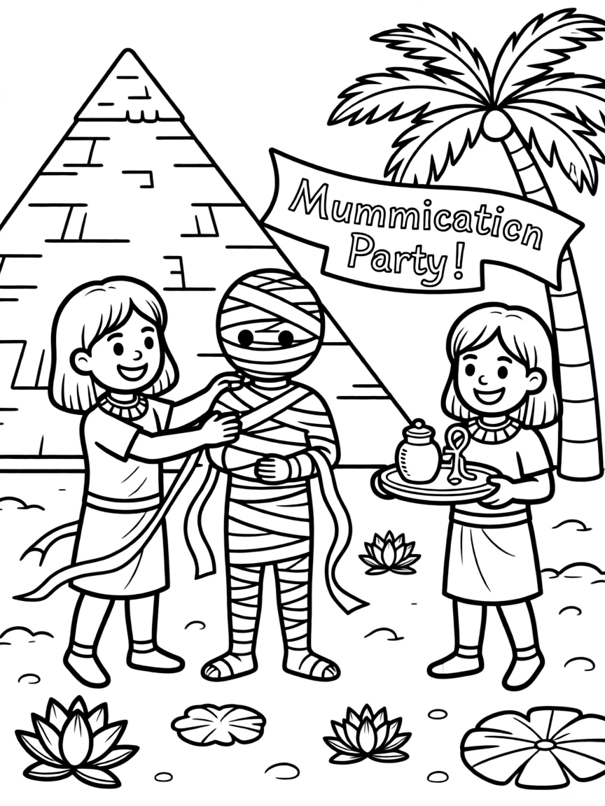 A festive Mummification (friendly, playful) party in ancient Egypt.