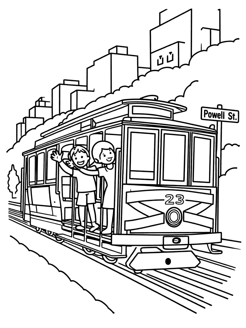 Kids riding a cable car up a steep hill in San Francisco, waving.