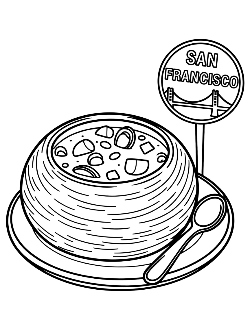 A delicious sourdough bread bowl filled with clam chowder in San Francisco.