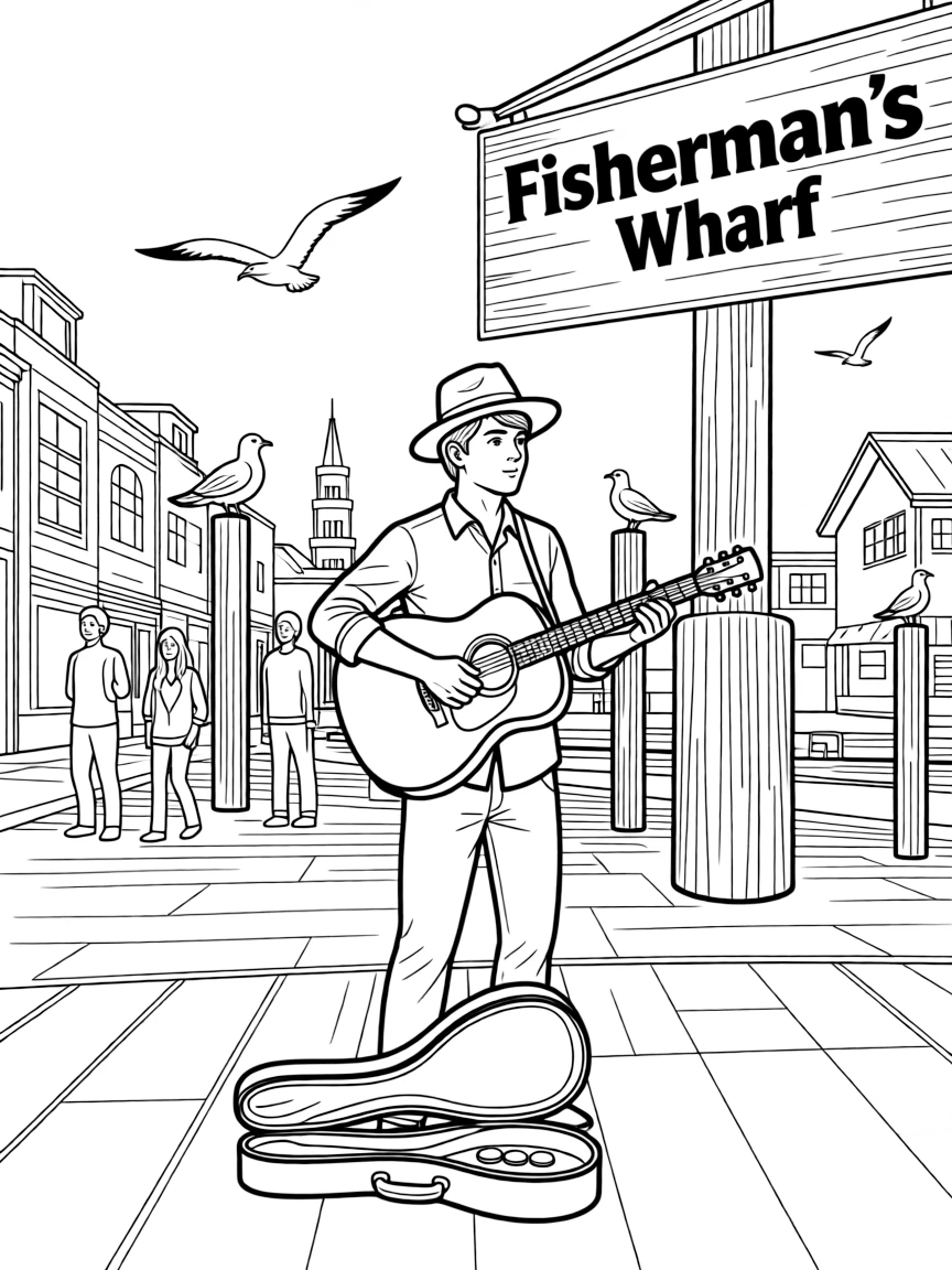 A lively street performer playing music at Fisherman's Wharf, San Francisco.