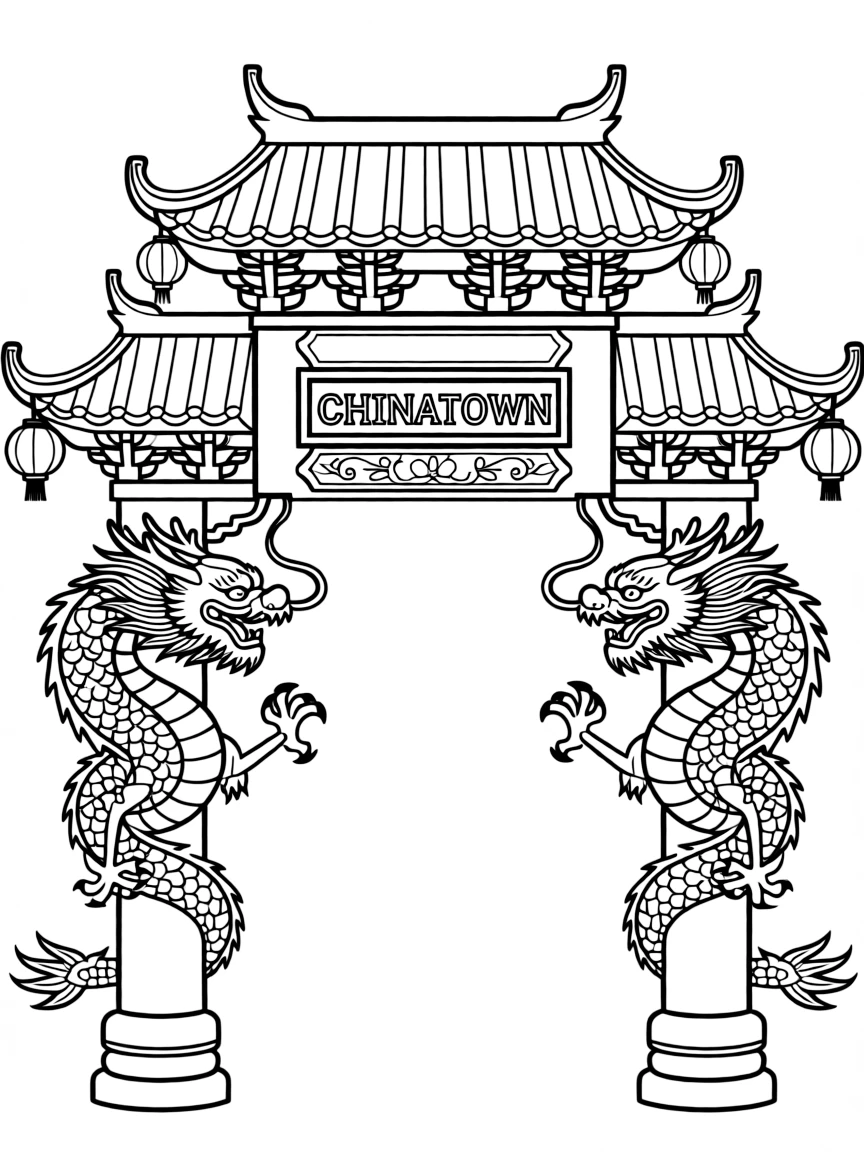 A vibrant Chinatown gate in San Francisco with colorful dragons.