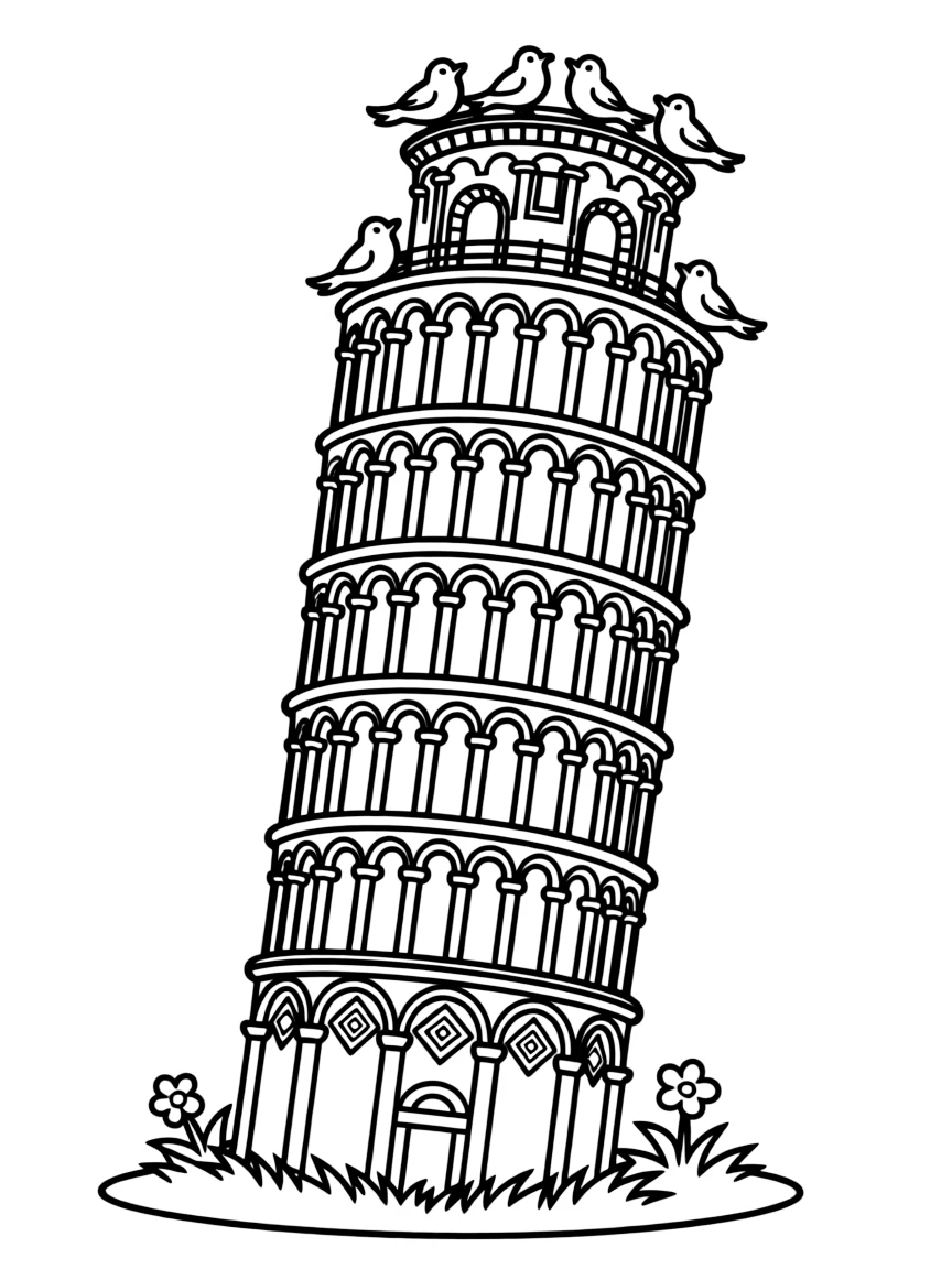 The Leaning Tower of Pisa in Italy with birds perched on top.