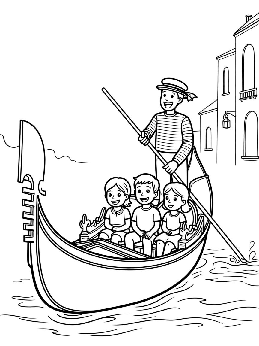 Kids enjoying a ride in a gondola in Venice, Italy, with a singing gondolier.