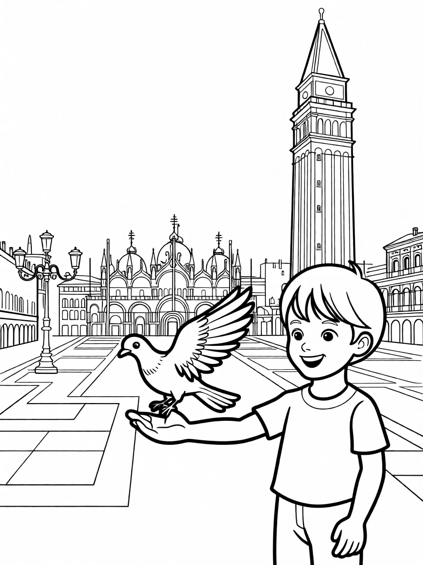 A friendly pigeon landing on a child's hand in St. Mark's Square, Venice.