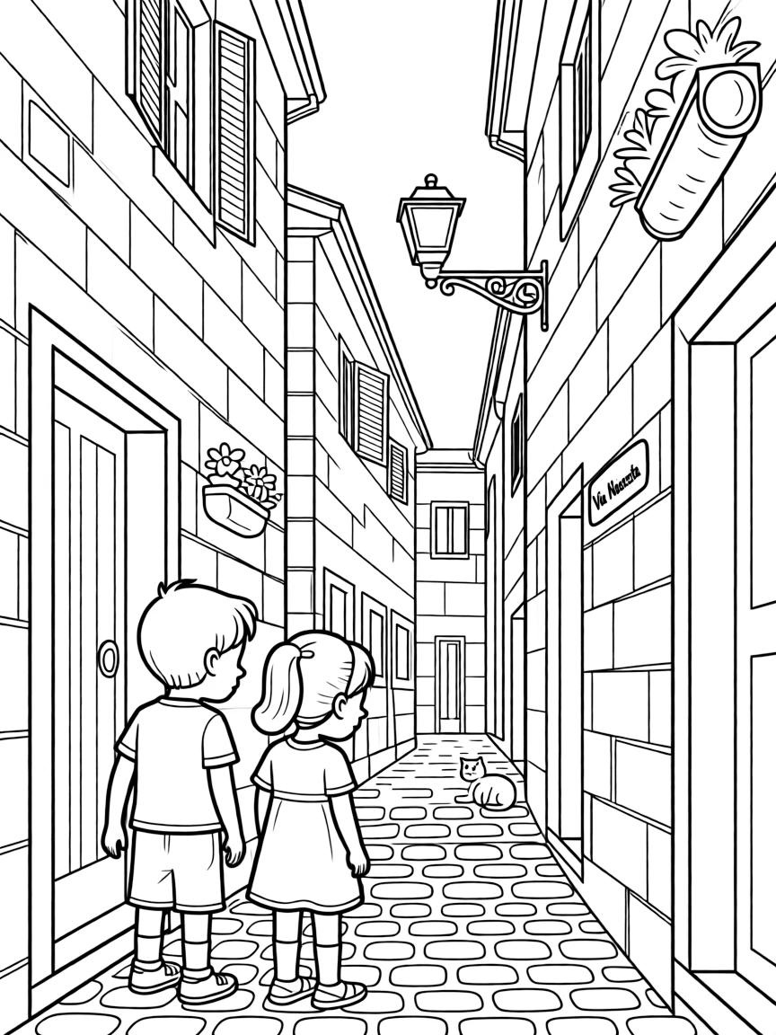Kids exploring a hidden alleyway in an Italian town.