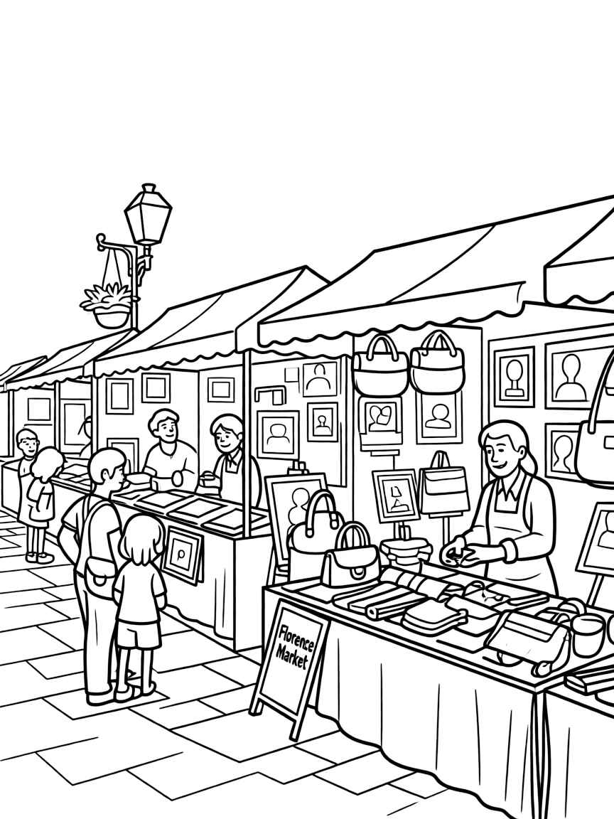 A vibrant street market in Florence with leather goods and art.