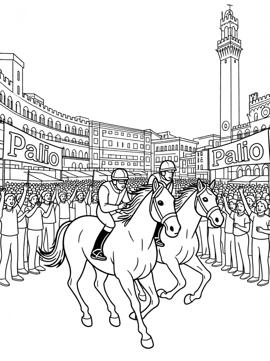 A festive Palio horse race in Siena, Italy, with cheering crowds.