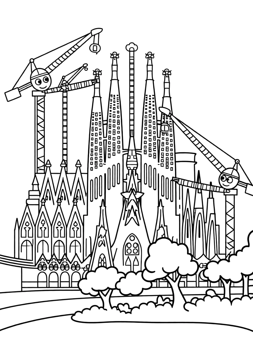 The Sagrada Familia in Barcelona, Spain, with construction cranes (friendly ones!).