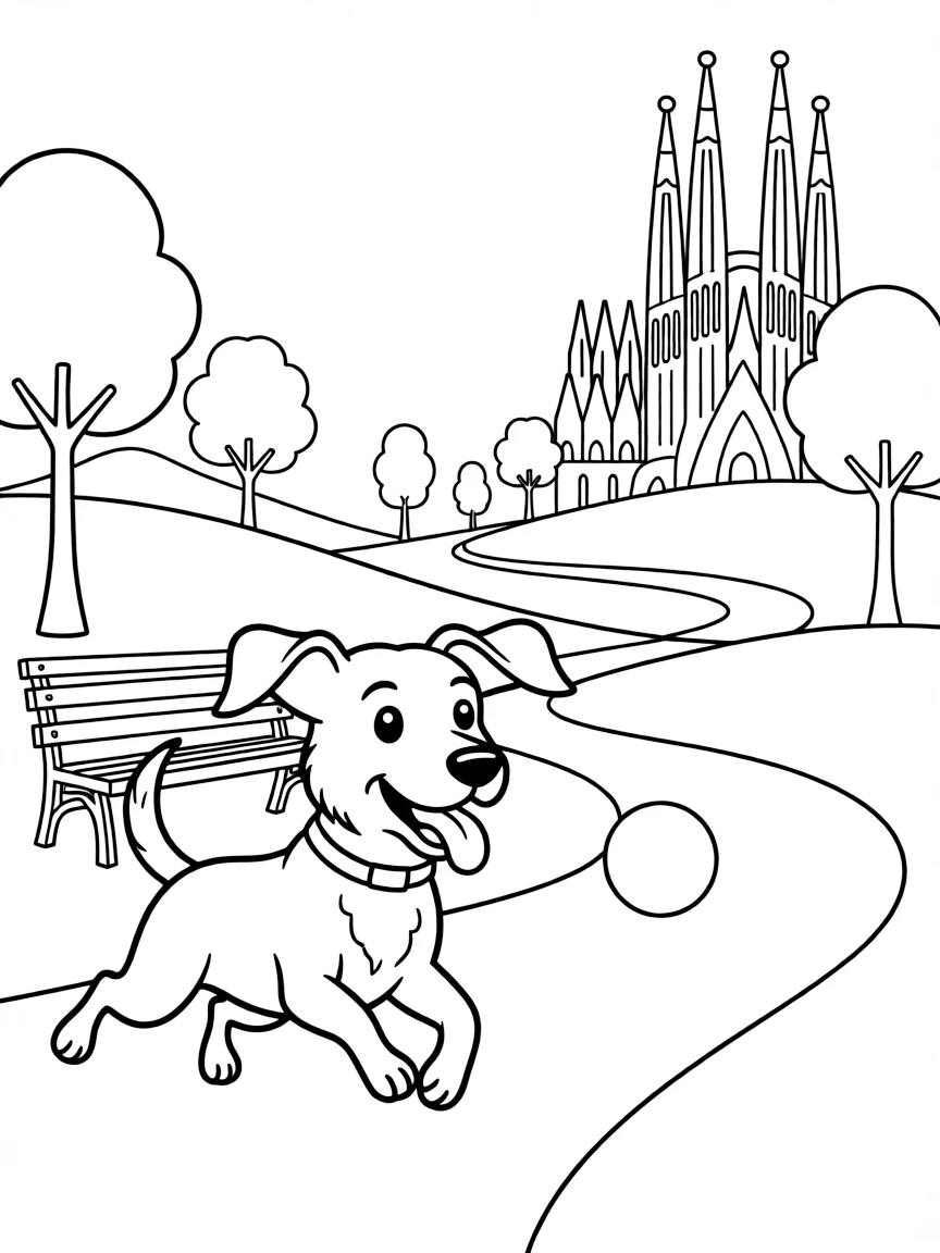 A friendly dog chasing a ball in a park in Barcelona.