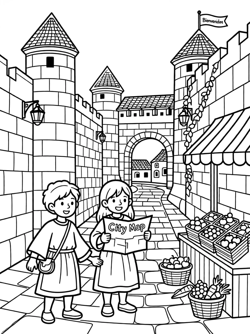 Kids exploring a medieval walled city in Spain.