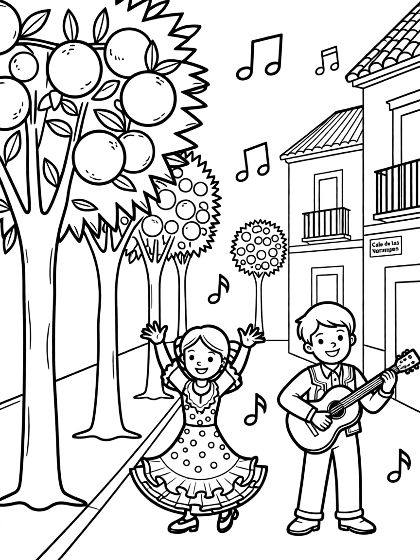 A vibrant street in Seville, Spain, with orange trees and flamenco music.