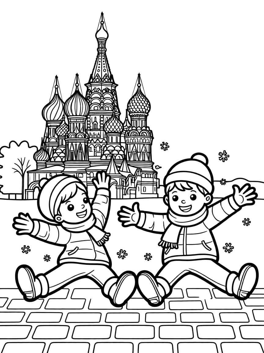 Kids playing in a snowy Red Square in Moscow, making snow angels.