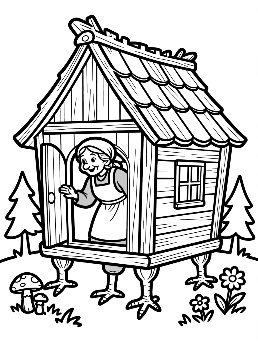 A traditional Russian fairy tale character, like Baba Yaga (friendly!), peeking out.
