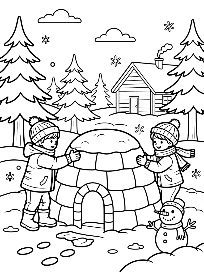 Kids building a snow fort in a Russian winter wonderland.