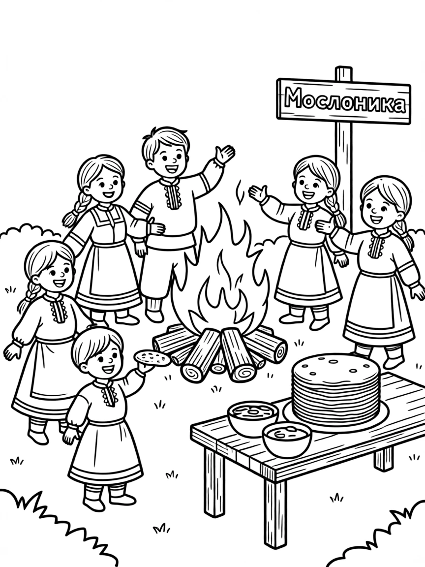 A festive Maslenitsa (Butter Week) celebration in Russia with pancakes and bonfires.