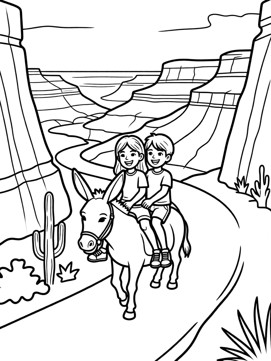 Kids riding a donkey down a trail in the Grand Canyon.