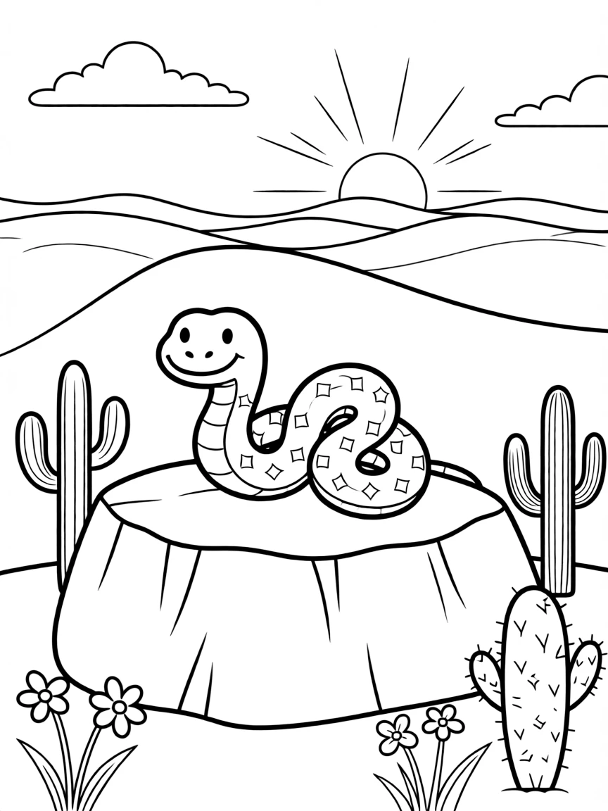 A friendly rattlesnake (far away and not scary!) sunbathing on a rock in the desert.