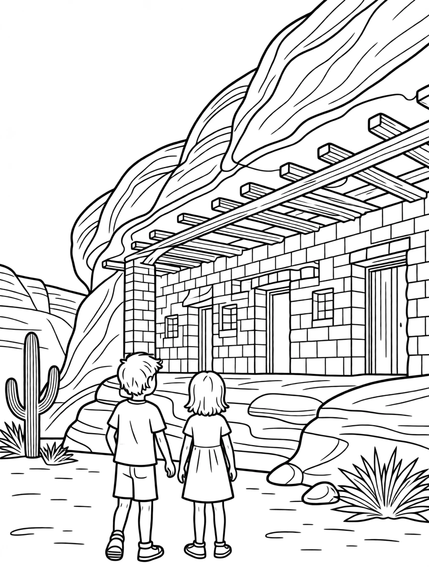 Kids exploring a Native American cliff dwelling in the USA.