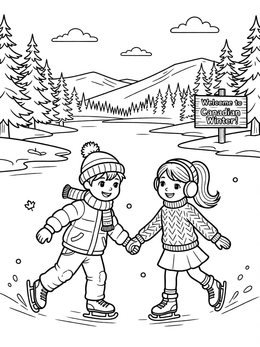 Kids ice skating on a frozen lake in Canada with beautiful scenery.
