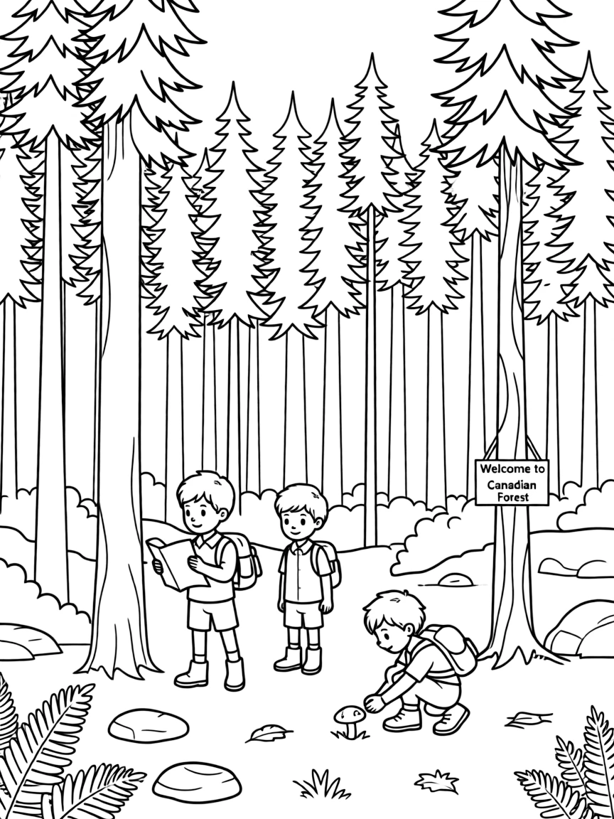 Kids exploring a vast Canadian forest with tall trees.