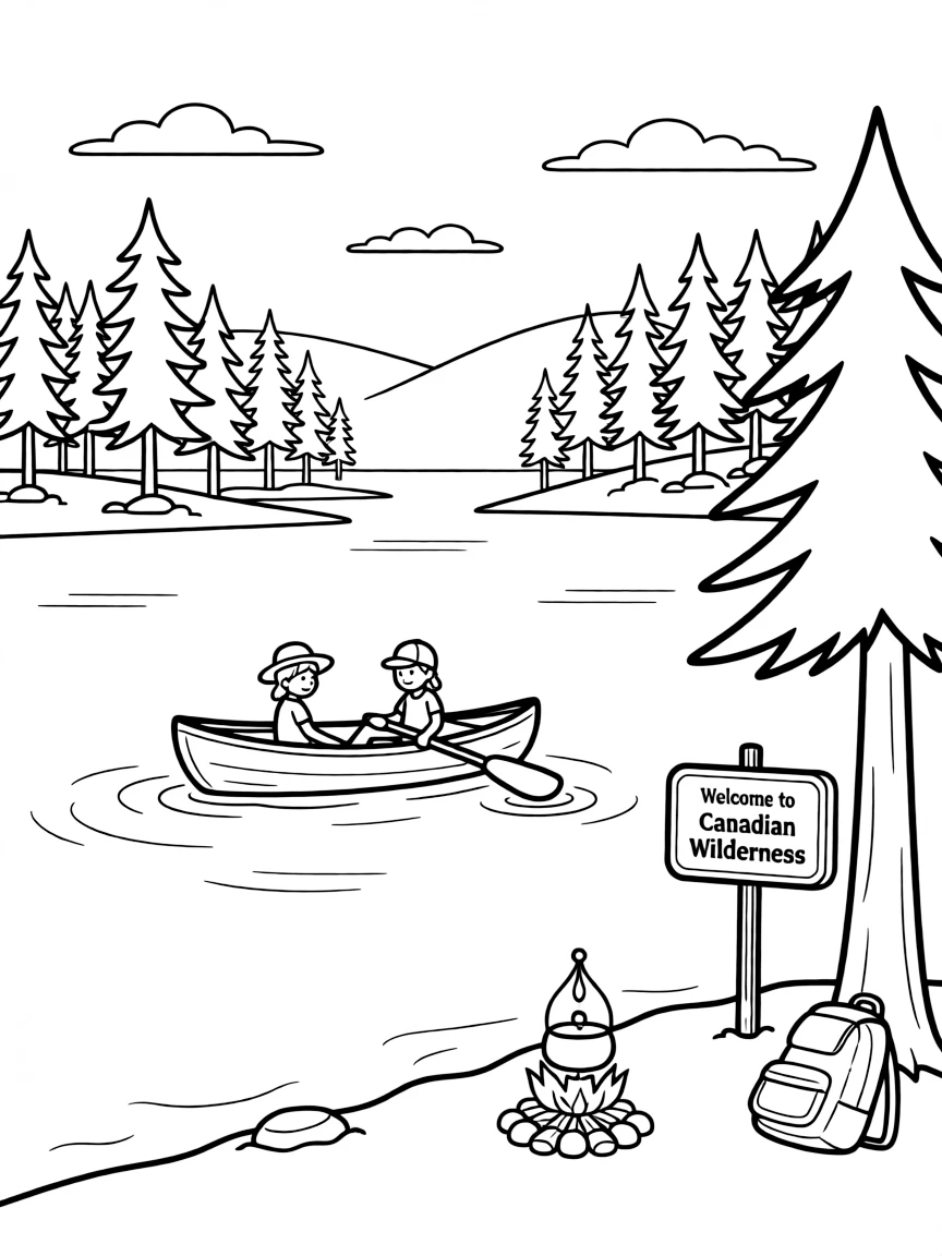 A peaceful canoe trip on a serene lake in the Canadian wilderness.
