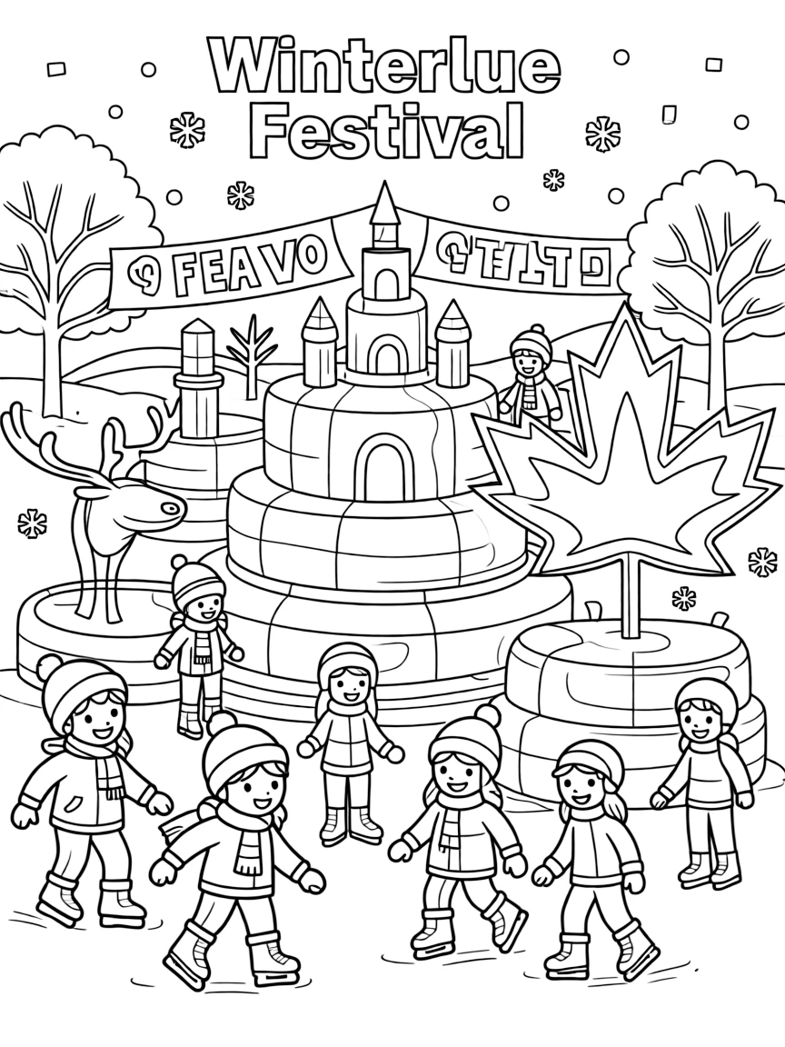 A festive Winterlude festival in Ottawa, Canada, with ice sculptures.
