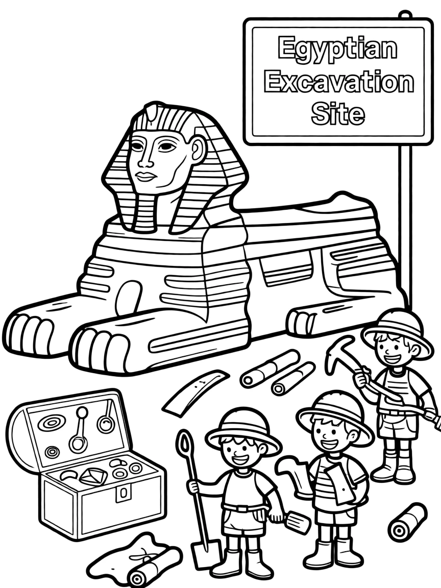 The Sphinx in Egypt with a group of cheerful archaeologists (kids!) discovering treasures.