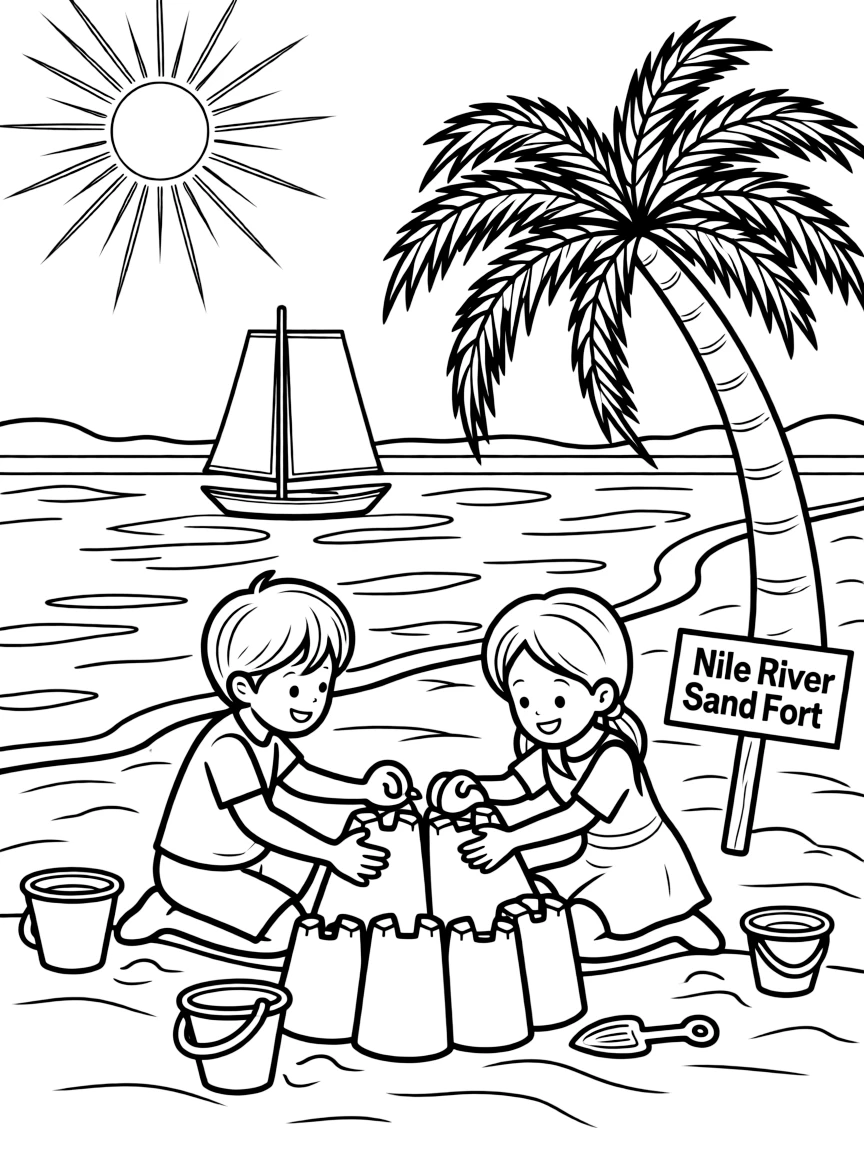 Kids building a sand fort on the banks of the Nile River in Egypt.