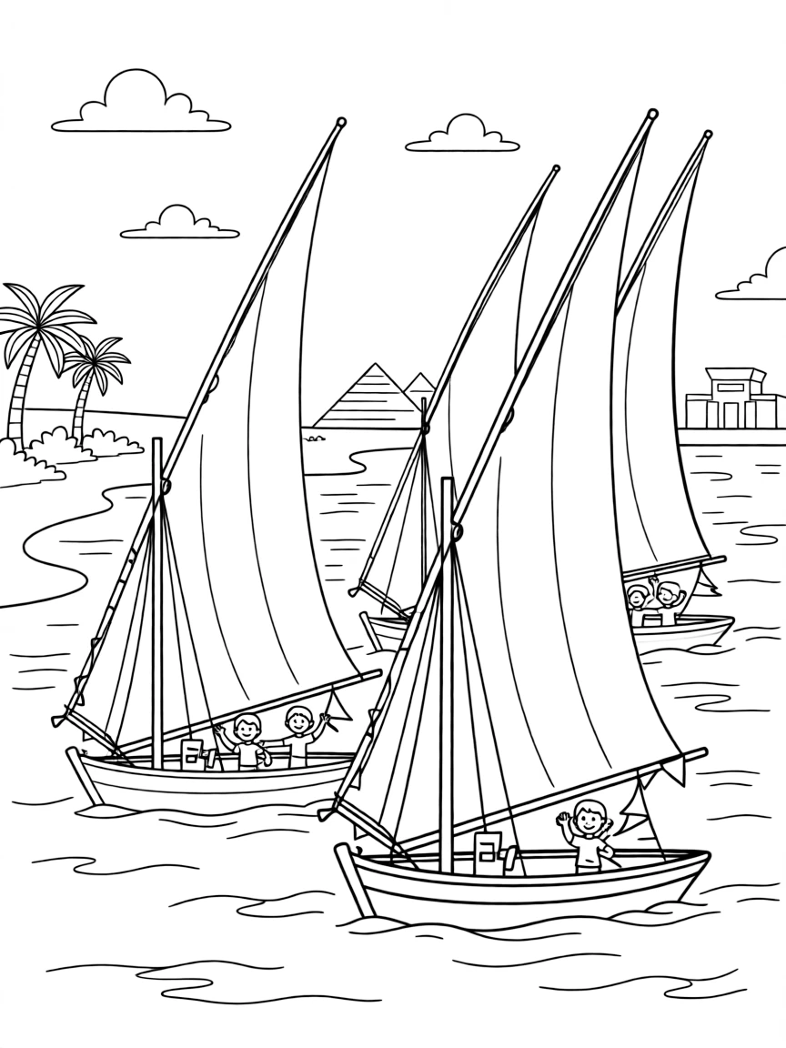 A festive boat parade on the Nile River in Egypt with decorated feluccas.